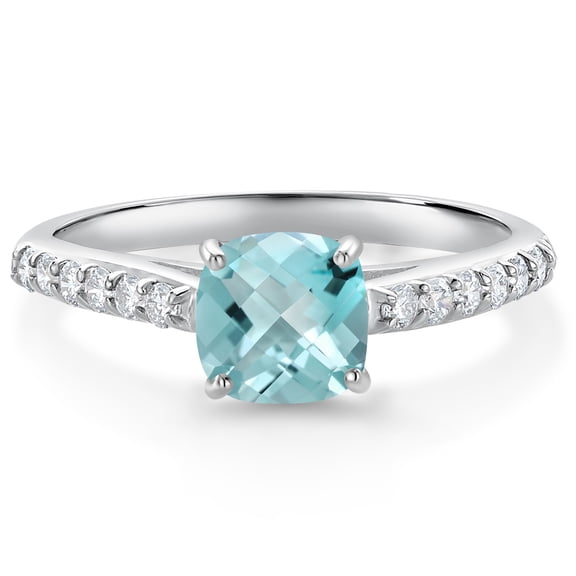 Gem Stone King 10K White Gold Sky Blue Topaz and White Lab Grown Diamond Engagement Ring for Women (1.28 Cttw, Gemstone November Birthstone, Cushion Checkerboard 6MM, Size 6)