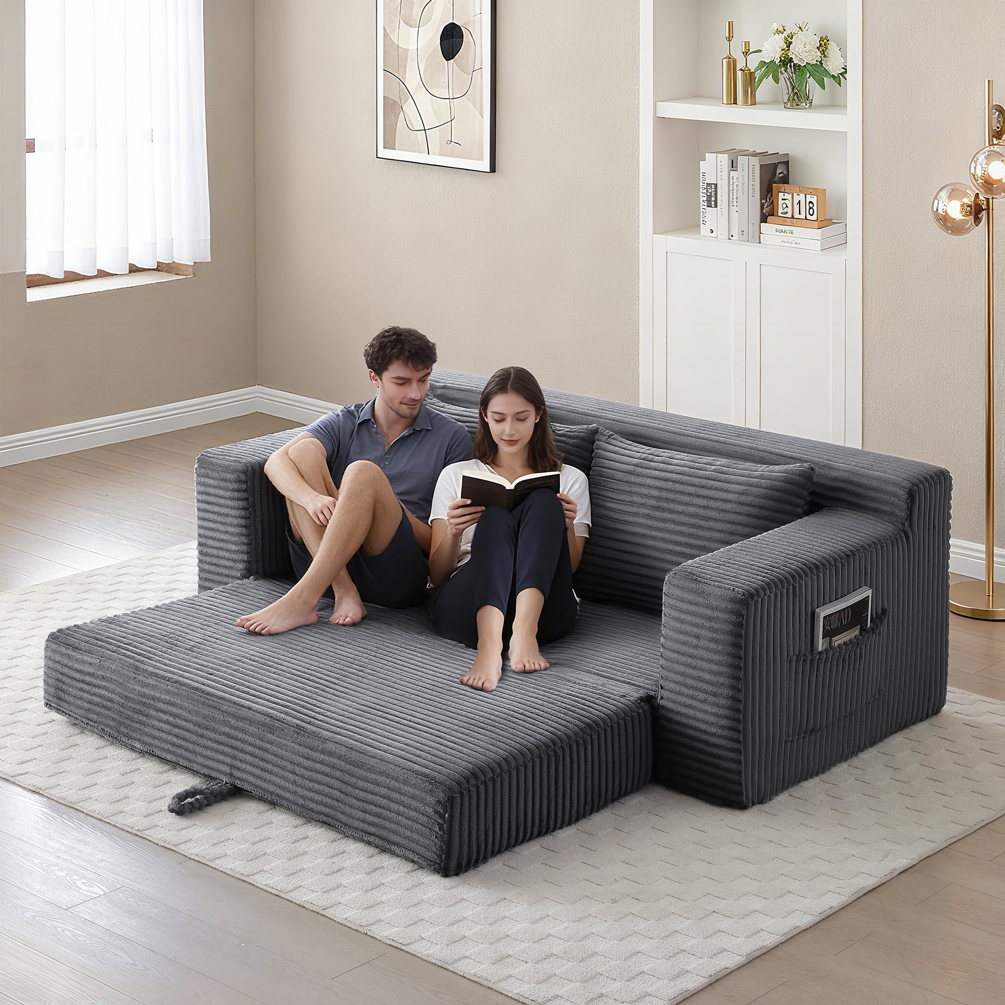 Miniyam Cloud Loveseat Sofa, 2 in 1 Convertible Folding Couch Bed, No Assembly Compressed Corduroy Floor Lounge Sofa for Apartment Office, Grey