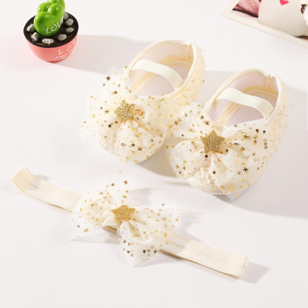 Baby Girls Mary Jane Shoes with Bowknot Headband,Toddler Soft Sole Princess Shoes Yarn Bowknot Crib Shoes First Walker Infant Cute Girls Wedding Dress Shoes Flower Girl Flats Twinkle Star,Beige 0-18M - image 4 of 7