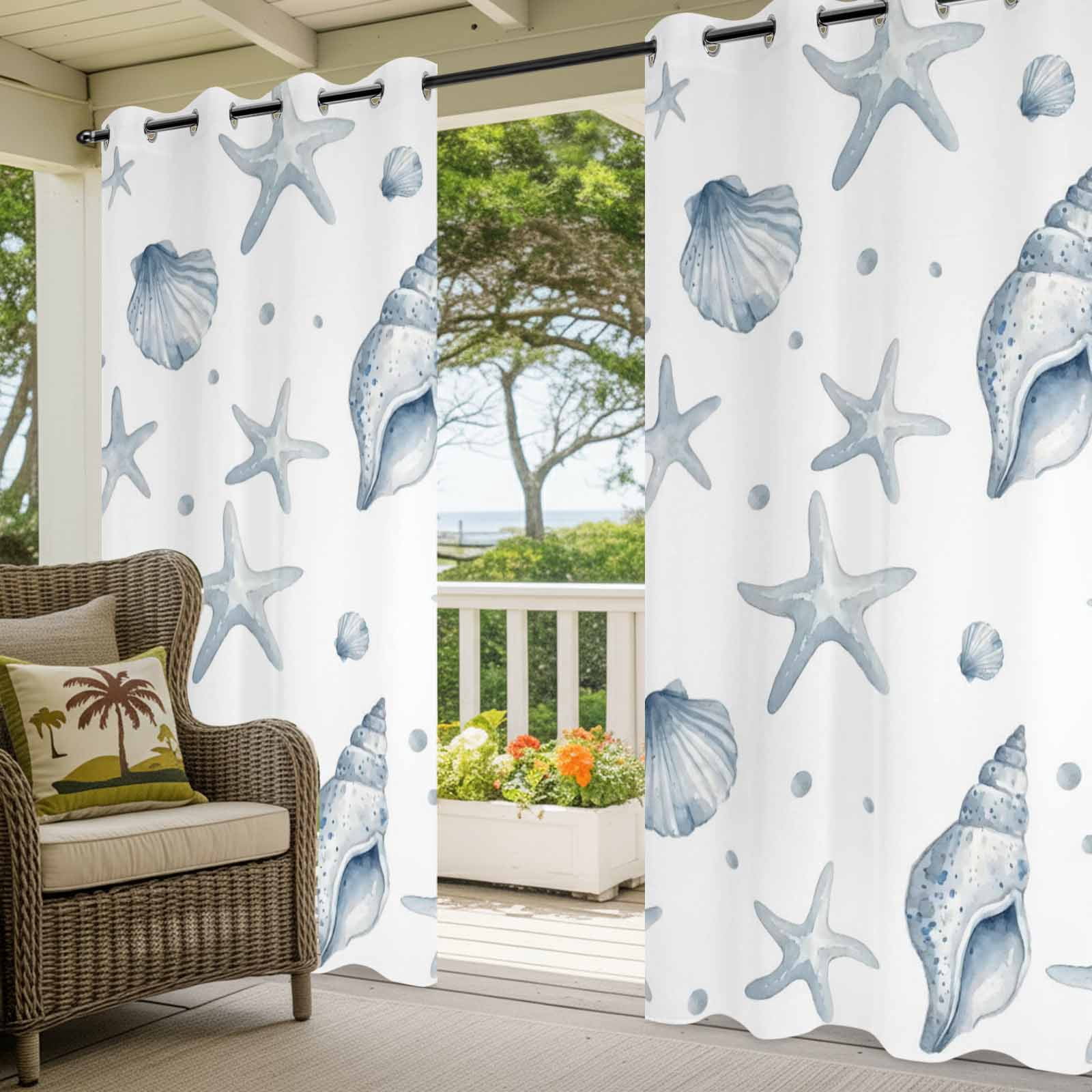 Ocean Starfish Shell Outdoor Curtains for Patio, Summer Sea Watercolor Marine Life Sunshade Privacy Drapes Grommet Waterproof Outside Curtains for Porch/Cabana/Balcony 54"x 108", 1 Panel