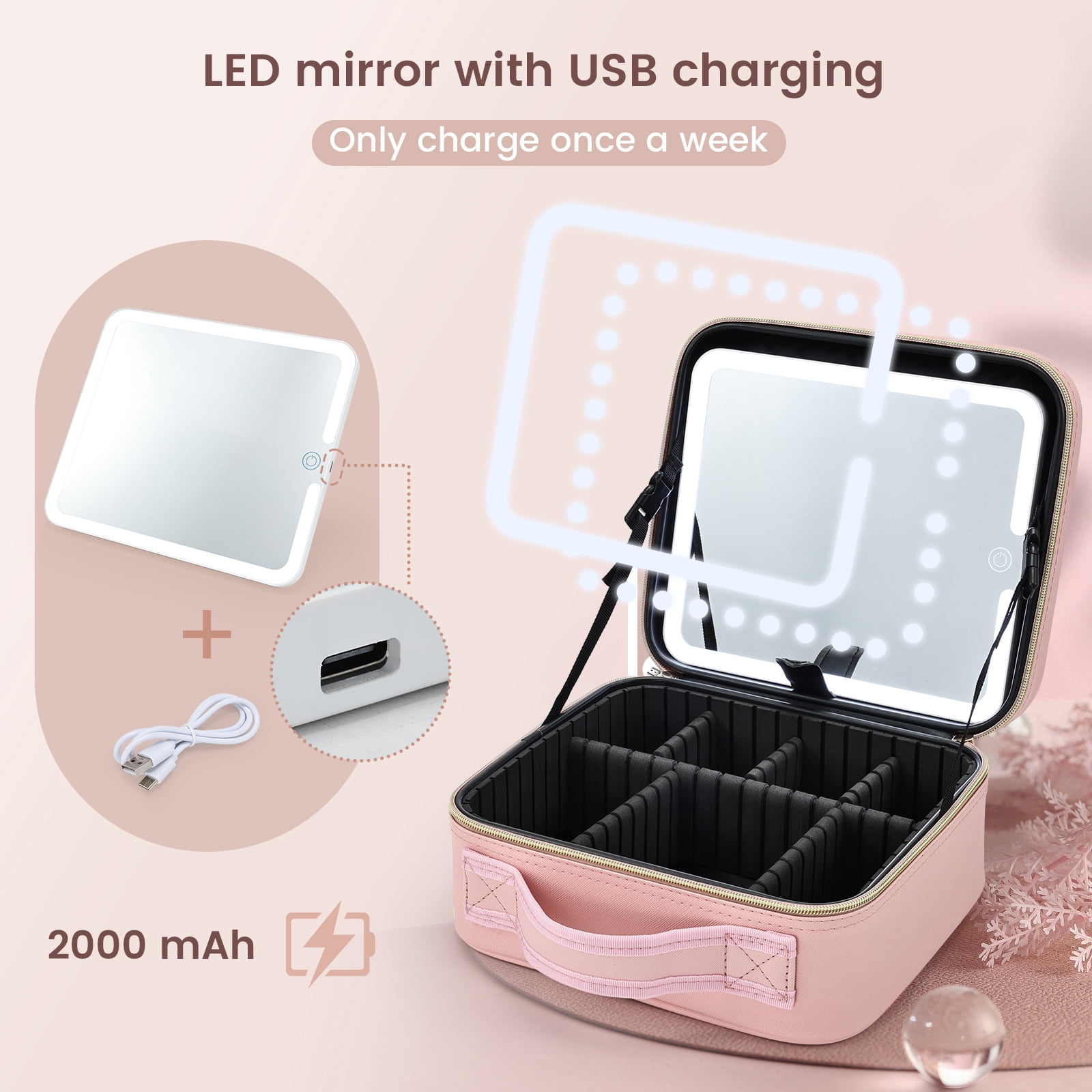 Makeup Bag with LED Mirror Travel Makeup Case Large Cosmetic Train Case with Brush Holder