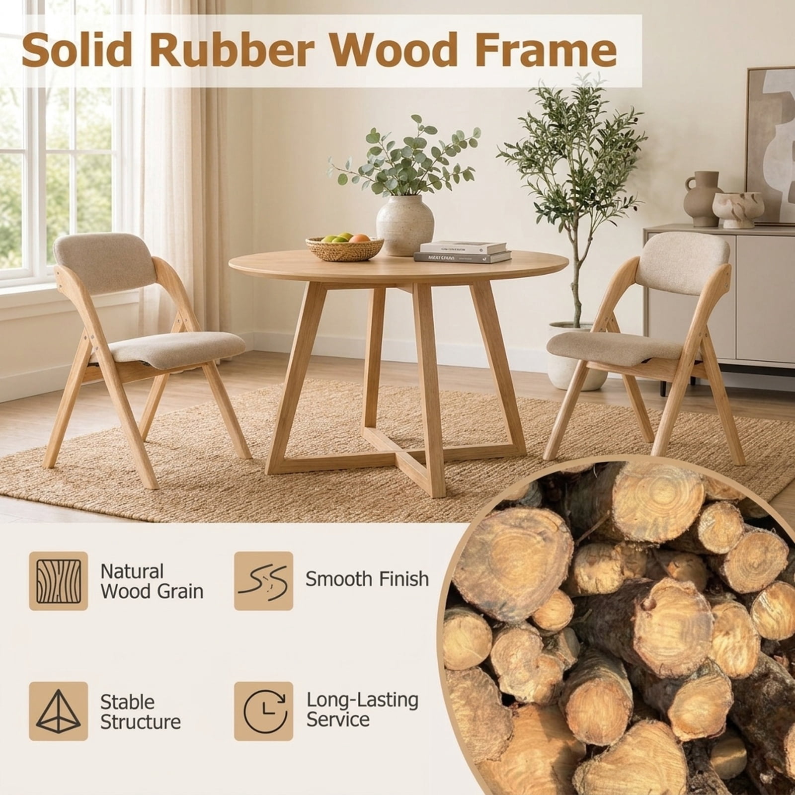 Furnibear Folding Dining Chairs Set of 2 with Cushion for Kitchen Dining Room Living Room Home, Beige