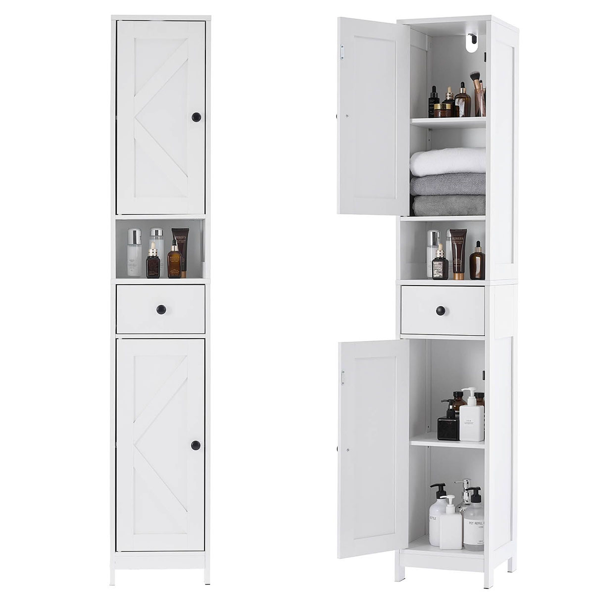 Ataucjin 68 Inch Narrow Storage Cabinet for Bathroom,Over Toilet Storage Cabinet, Tall Bathroom Cabinet with Drawer & Open Shelf,Adjustable Shelves, Water-Resistant for Toilet Tank, Laundry Room