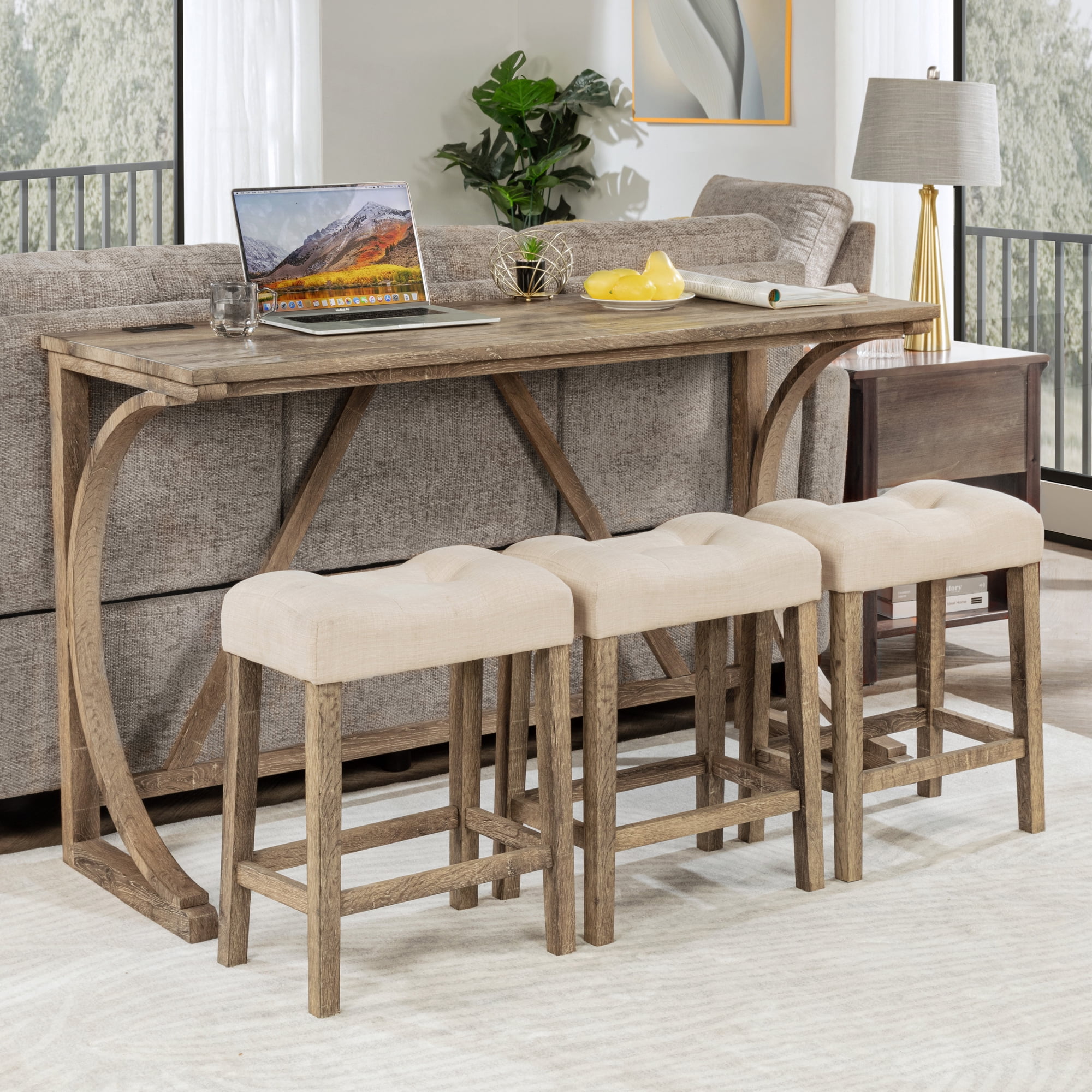 Gewnee 4 Piece Bar Table Set,Counter High Bar Table Set with Power Outlet and 3 Linen Chairs,Industrial Breakfast Table for Kitchen,Living Room.Brown