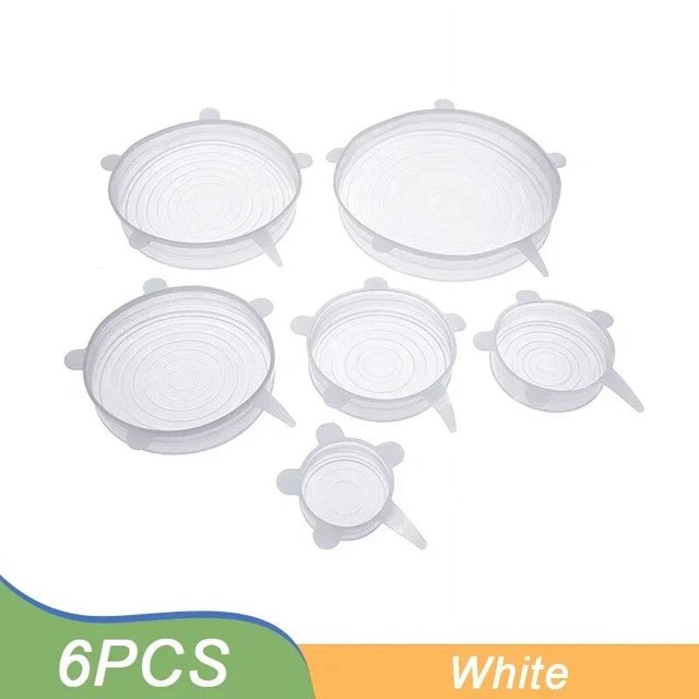 1/6 piezas de tapa elástica de silicona para alimentos, reutilizable, hermética, para cuencos, platos, comidas, frutas, a prueba de polvo, envoltura para mantener la frescura, 6 piezas, círculo blanco