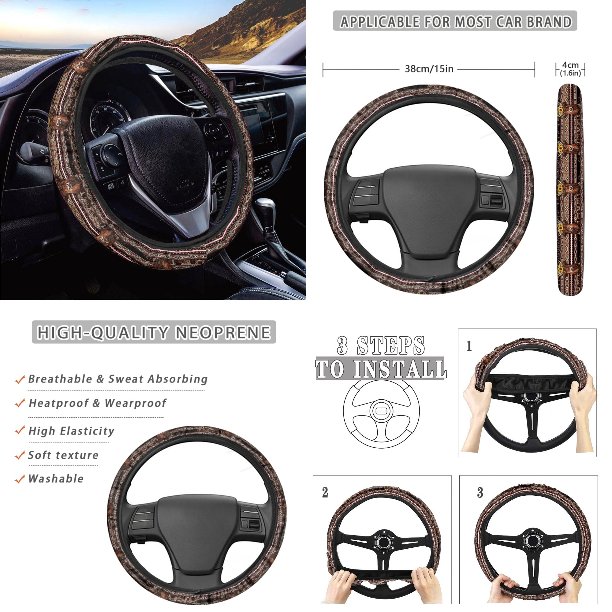 Jeiento Highland Cow Auto Accessories Set 14 Pcs Car Seat Cover Protector Steering Wheel Cover Seat Belt Covers Armrest Cushion Aztec Trash Can Rearview Mirror Protector Handbrake Cover Set Coasters