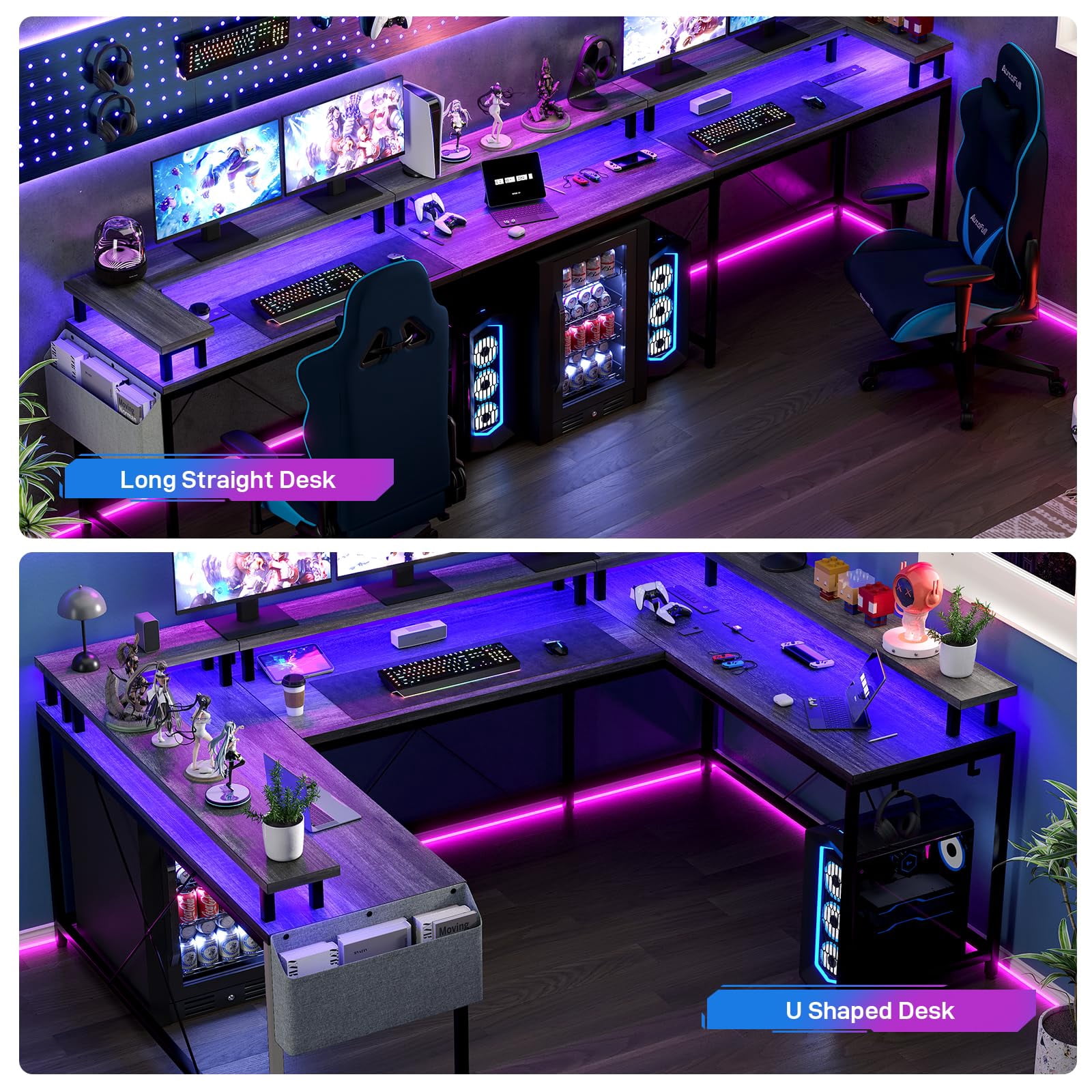 Maritcute U Shaped Computer Gaming Desk, Reversible L Shaped Desk with Power Outlets, LED Strip & Monitor Stand, Large Corner Desk with Storage Shelves for Home Office