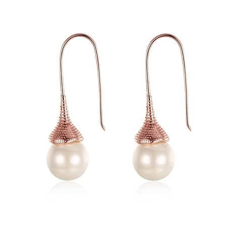 18K Rose Gold Plated Earrings Threader Synthetic Pearl Fish Hook .48" L276