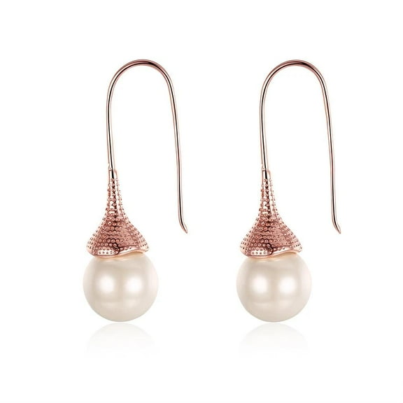 18K Rose Gold Plated Earrings Threader Synthetic Pearl Fish Hook .48" L276