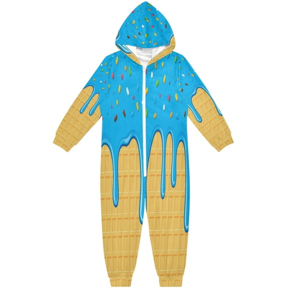 JOOGOO Blue Ice Cream Waffle Pattern Unisex Onesie Pajamas Jumpsuit Kids One-Piece Hooded Sleepwear 7-8T