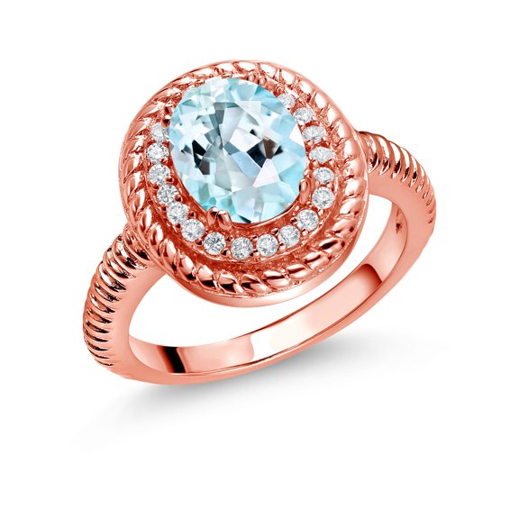 Gem Stone King 2.26 Ct Oval Sky Blue Topaz 18K Rose Gold Plated Silver Halo Engagement Ring (Size 8)