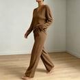thumbnail image 5 of Women's 2 Piece Loungewear Outfits Ribbed Knit V Neck Long Sleeve Top and Wide Leg Pants Sets Soft Warm Fall Winter Casual Tracksuit Khaki, 5 of 7