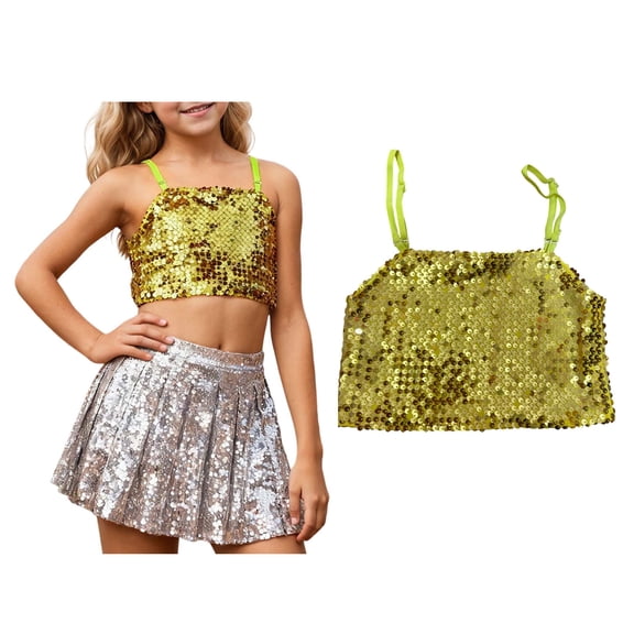 Girls Sequin Tank Tops Sleeveless Spaghetti Strap Girls Tops Belly Hop Jazz Stage Performance