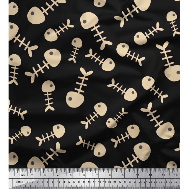 Soimoi Black Viscose Chiffon Fabric Fish Skeleton Ocean Decor Fabric Printed Yard 42 Inch Wide