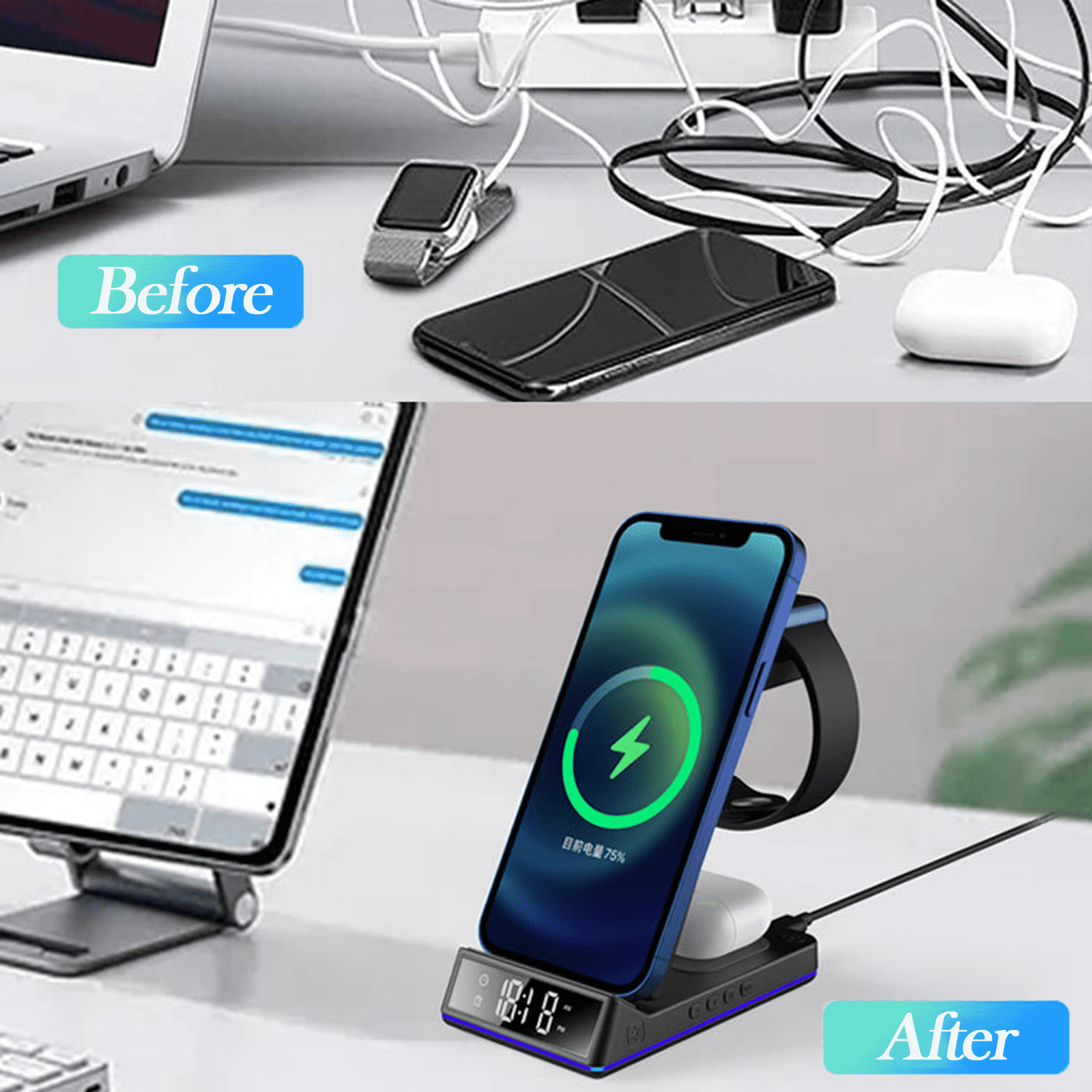 5-in-1 Wireless Charging Station - Fast 15W Qi Charger for iPhone, Apple Watch & AirPods - Foldable Design