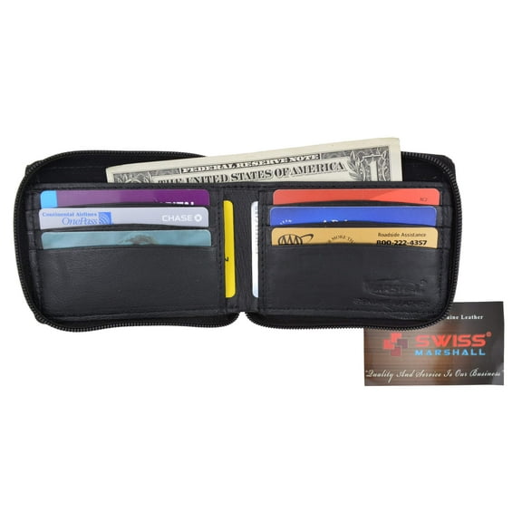 Swiss Marshal Zip Around Premium Genuine Leather Credit Card Holder Bifold Wallet with Outside Zippered Pocket  SM-P1674