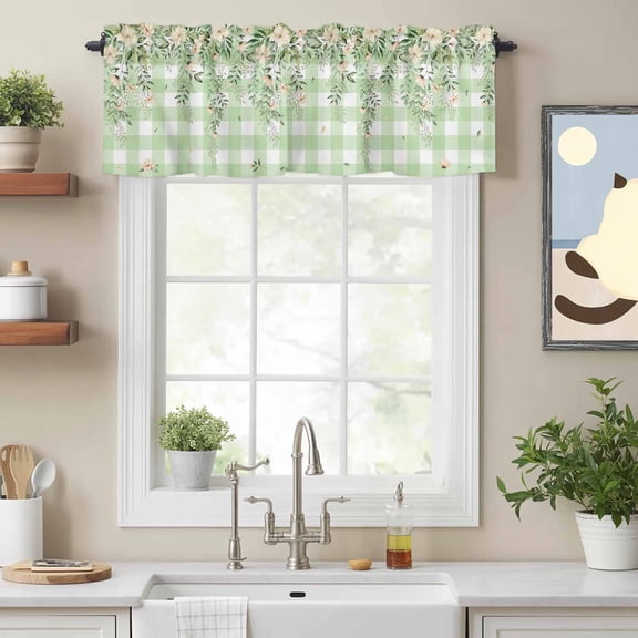 Valance Curtains for Windows Spring Plant Flower Kitchen Curtians Window Treatment Green Leaf Plaid Topper Curtain Rod Pocket Valances for Kitchen Bathroom Living Room 54x18in