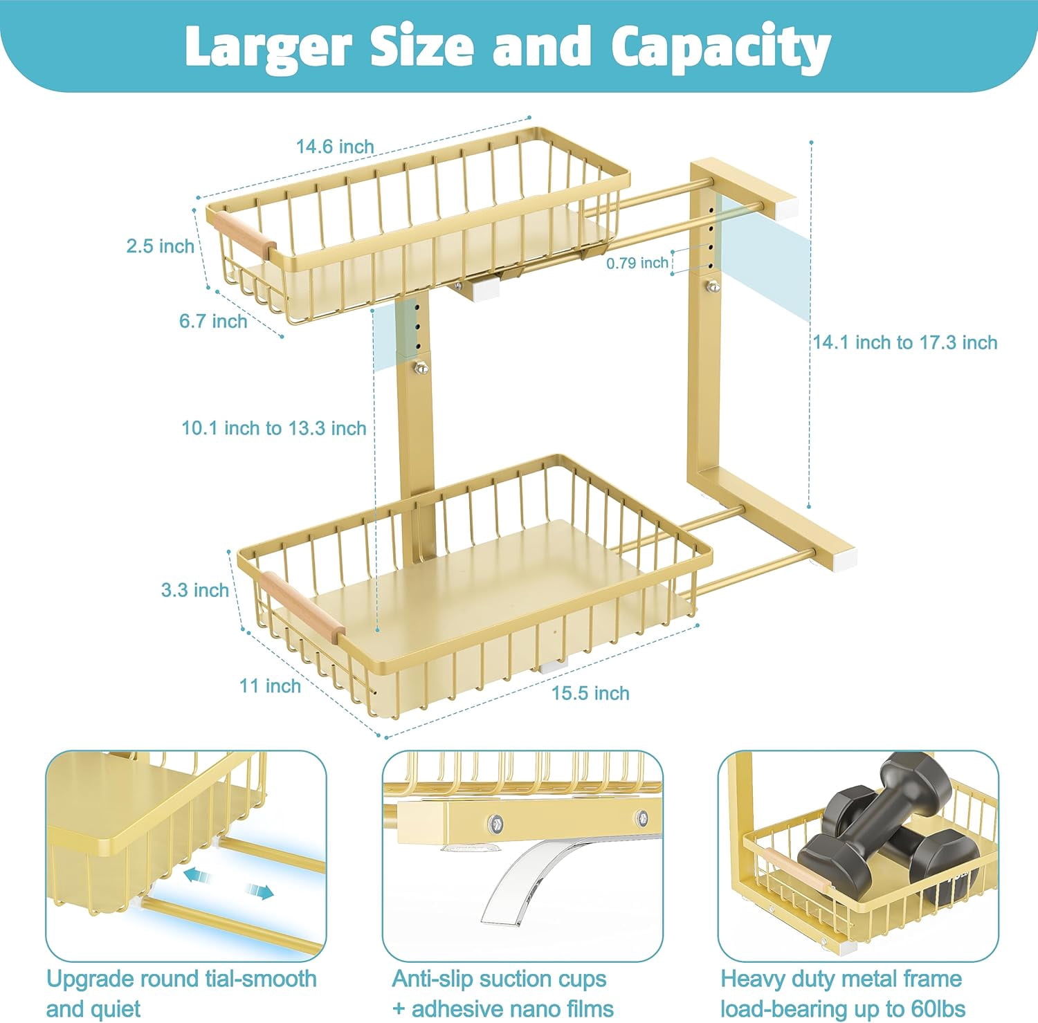 Under Sink Organizer 2 Pack, Height Adjustable Under Sink Organizers and Storage Shelf, 2 Tier Pull Out Cabinet Drawers for Kitchen Bathroom, Metal Under Sink Storage Rack, Gold