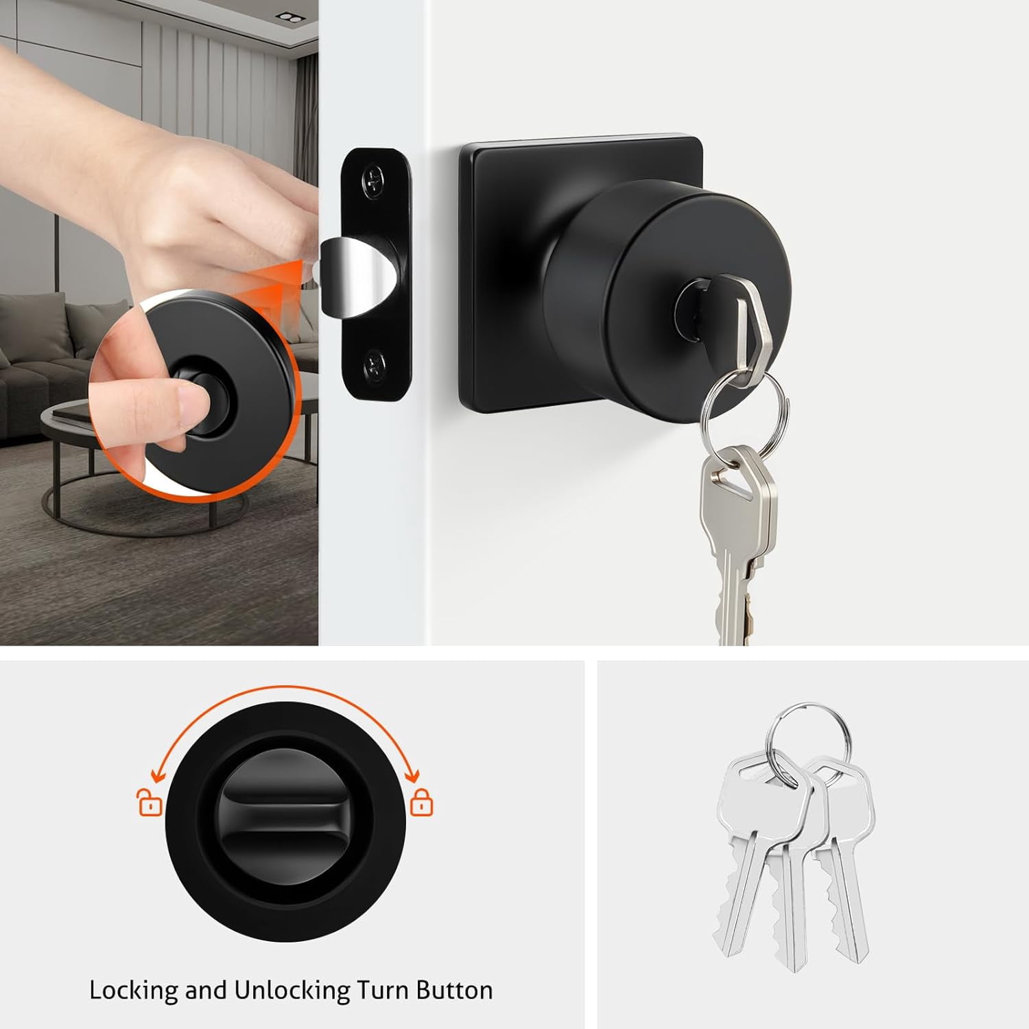 Matte Black Keyed-Alike Exterior Door Knobs, Front Door Knob with Lock and Key, Black Door Knobs Entry Door Knob 3 Pack