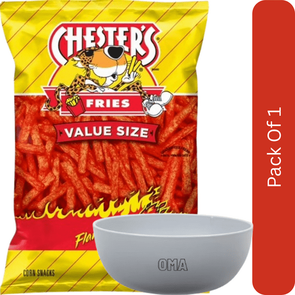 Chester’s Fries Corn Snacks – Flamin’ Hot Flavored – 8.625 oz Bag- With White Bowl By OMA