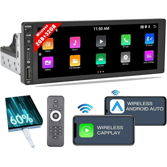 THONZER 6.9 Inch Single Din Touchscreen Car Stereo,2GB 32GB Single Din Wireless Apple Carplay Android Auto,1080P HD GPS Navigation Handsfree WiFi,Mirror Link/SWC/FM,Bluetooth5.1