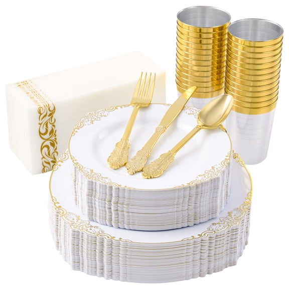 350Pcs Gold Plastic Plates Sets - Dinnerware Sets for 50 Guests,Decorative Plates for Festival Wedding Party