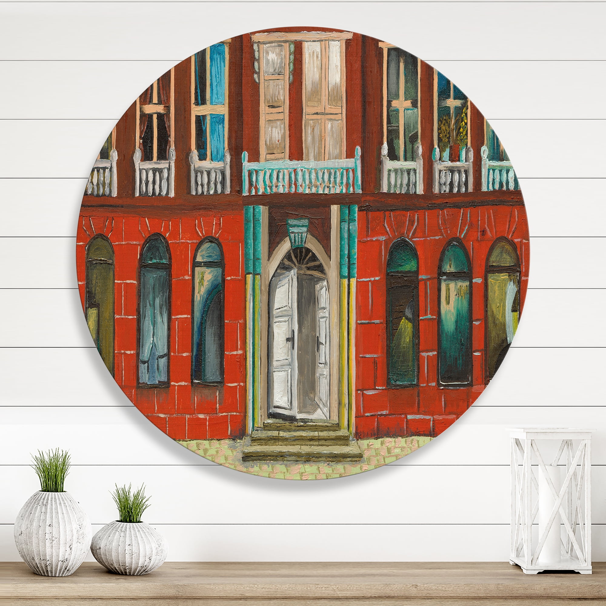 Designart 'Vintage Red Facade of Shop In Paris II' French Country Circle Metal Wall Art 23x23 - Disc of 23