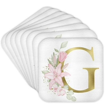 3drose, Pretty Pink Lily Floral Image of Gold Monogram Initial G, Set of 8 Coasters - Soft