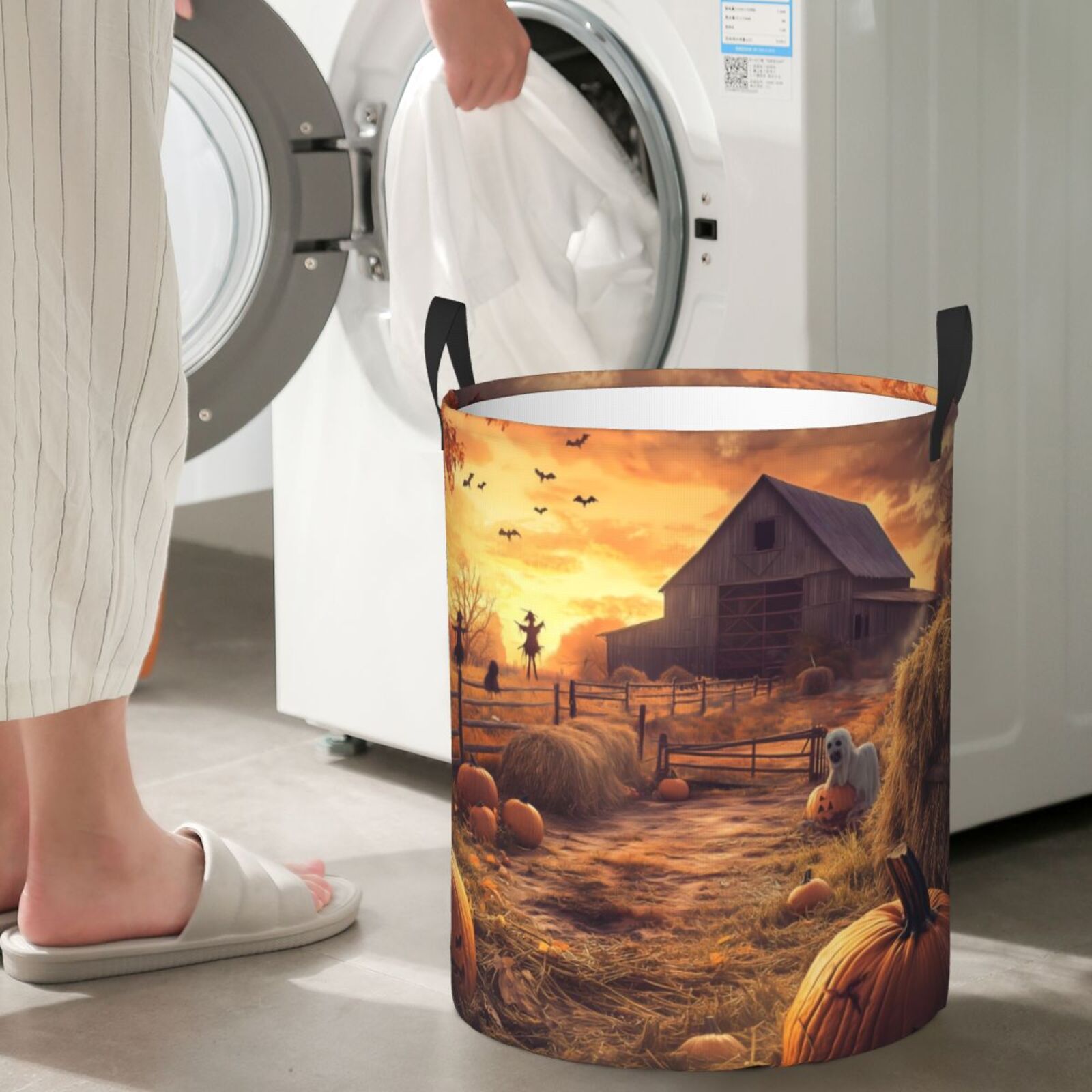 Large Laundry Basket with Handles - Halloween Farm Pumpkin Ghost Kids Baby Dirty Clothes Laundry Hamper for Bedroom Aesthetic