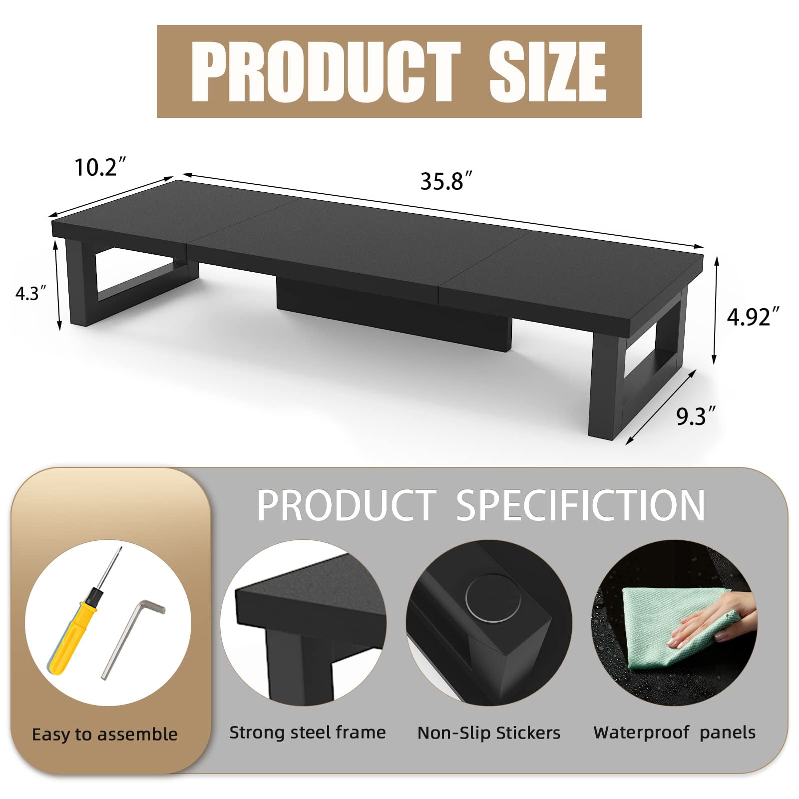 Dual Monitor Stand Riser  Wood And Steel Computer For 2 Monitors Multi-purpose Desktop Storage Laptop Printer Tv