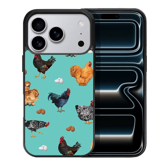 WIRESTER Shockproof Soft Rubber Cover Case for Apple iPhone 17 Pro 6.3" 2025, Barnyard Chicken Roosters Teal Background