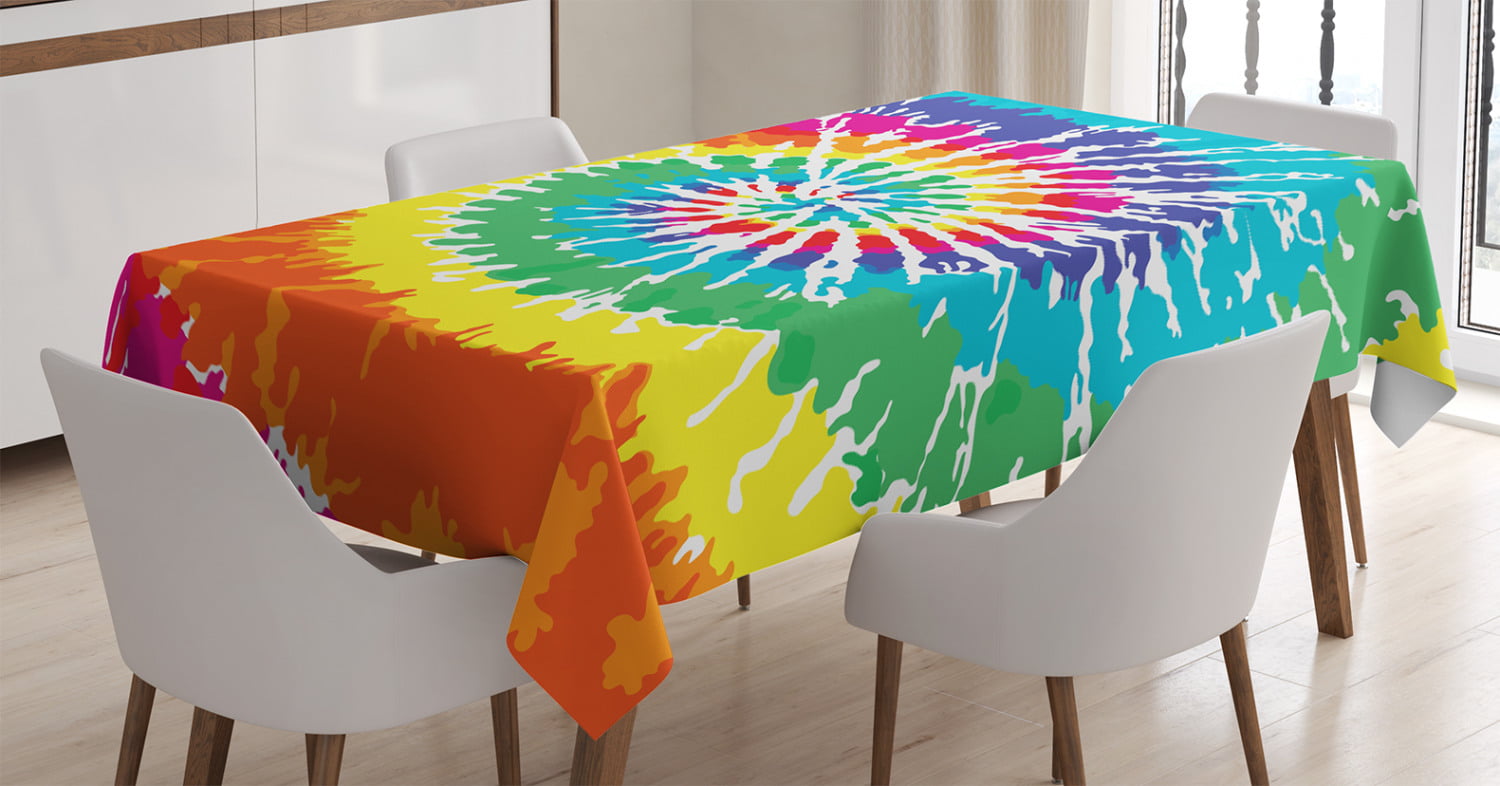 Rainbow Tie Dye Iridescent Batik Dharma Rectangle Tablecloth 60 X 90 Heavy Duty Vinyl Table Cloth Fabric Table Cover for Kitchen Dining Room Party Home Decor