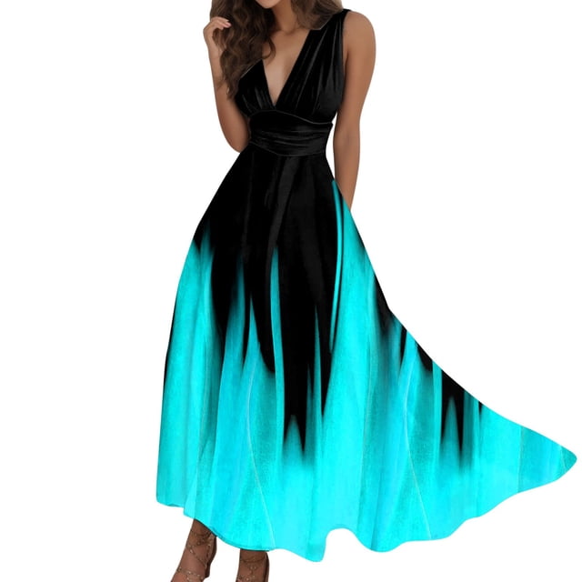 B91xZ Femmes Décontracté en Vrac Robe Soleil Occasionnel Flutter Sans Manches Cou Taille Élastique Étagé Robe Midi, Bleu Ciel L