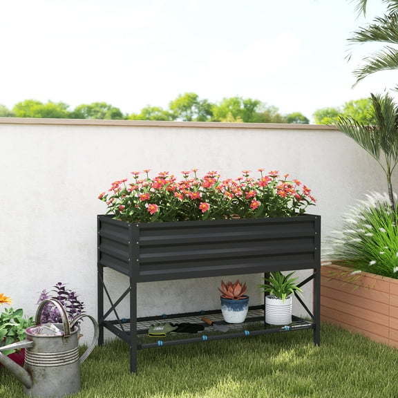 Outsunny Galvanized Raised Garden Bed, Metal Planter Box with Legs, Storage Shelf and Bed Liner, Gray