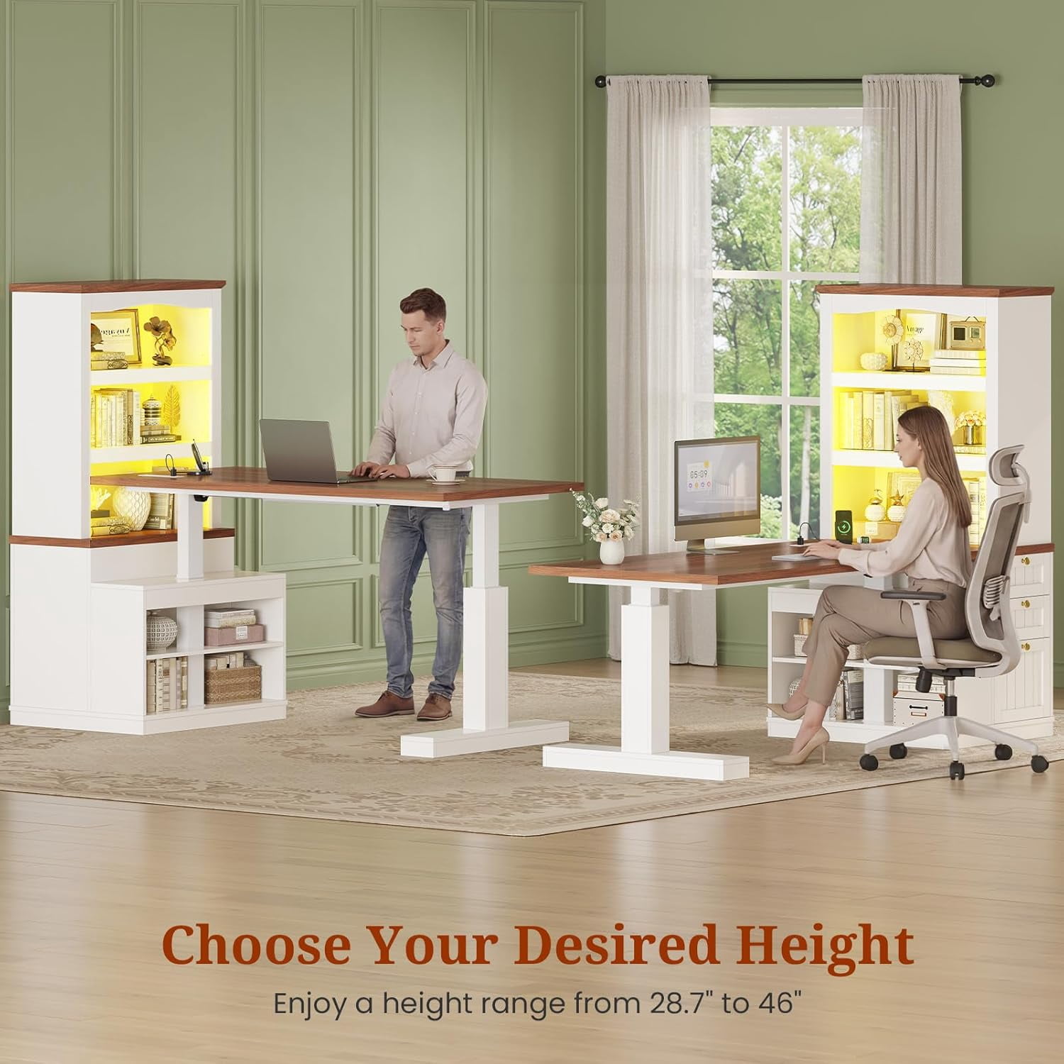 Farmhouse Standing Desk Adjustable Height with 3-Tier Bookcase, 70" Executive Electric Office Desk with Power Outlets and Led Light, Sit Stand Computer Desk with Storage Shelves, File Drawers, White