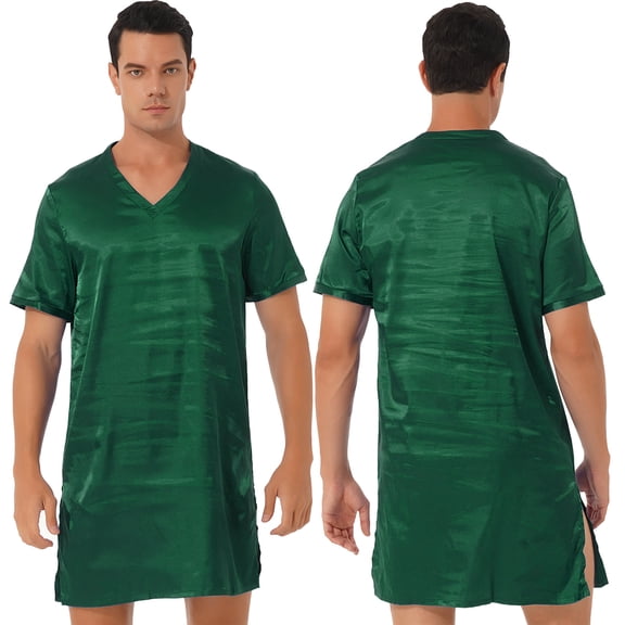 YONGHS Mens Silk Satin Nightshirt Sleepwear Short Sleeve Pajamas Nightgown for Sleeping Dark Green XL