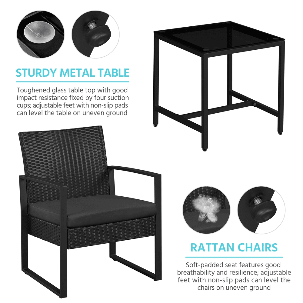 Renwick 3-Piece Patio Bistro Set with 2 PE Rattan Chairs and Table, Black