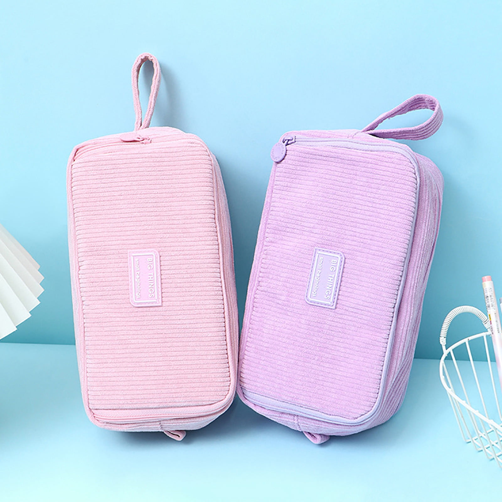 Iuhan 5Pcs Large-Capacity Pencil Pouch, Corduroy Pen Case, Multi-Compartment Organizer for Pens Markers, Durable Stationery Bag, Study Supplies for Study Office