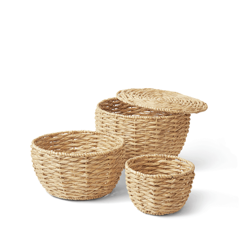 Artera Large Wicker Storage Basket - Set of 4 Woven Water Hyacinth Baskets  with Handle, Large Rectangular Natural Nesting Storage Bins for Bedroom