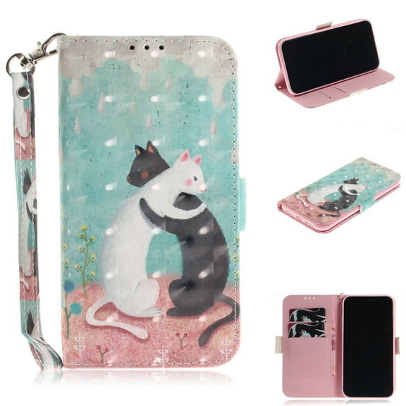 iPhone XR Case, iPhone XR 2018 Case, Allytech 3D PU Leather Protective Cover & Pocket Lanyard Wallet with Cards Holder, Support Kickstand Slim Case for Apple iPhone XR （6.1"）, Black & White Cat