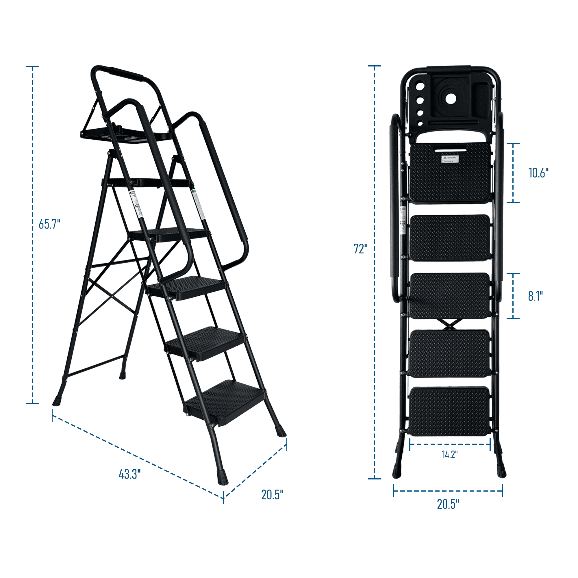 Leumius 5 Step Ladder with Handrails, Folding Step Stool with Wide Anti-Slip Pedal,Lightweight Portable Ladder for Home Kitchen Pantry Office, Black