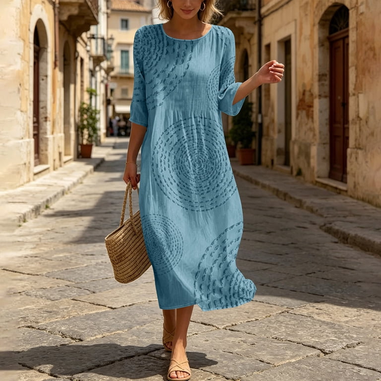 maxi casual winter dresses for women Yhajds Printed Dress Crew Neck MidLong Sleeve With Side Pockets Fall Dresses, Women's, Size: XL, Blue Size:14 QUICK SHIP Whether youre heading to category-prom-dresses Cole Haan Women's GrandPrø
