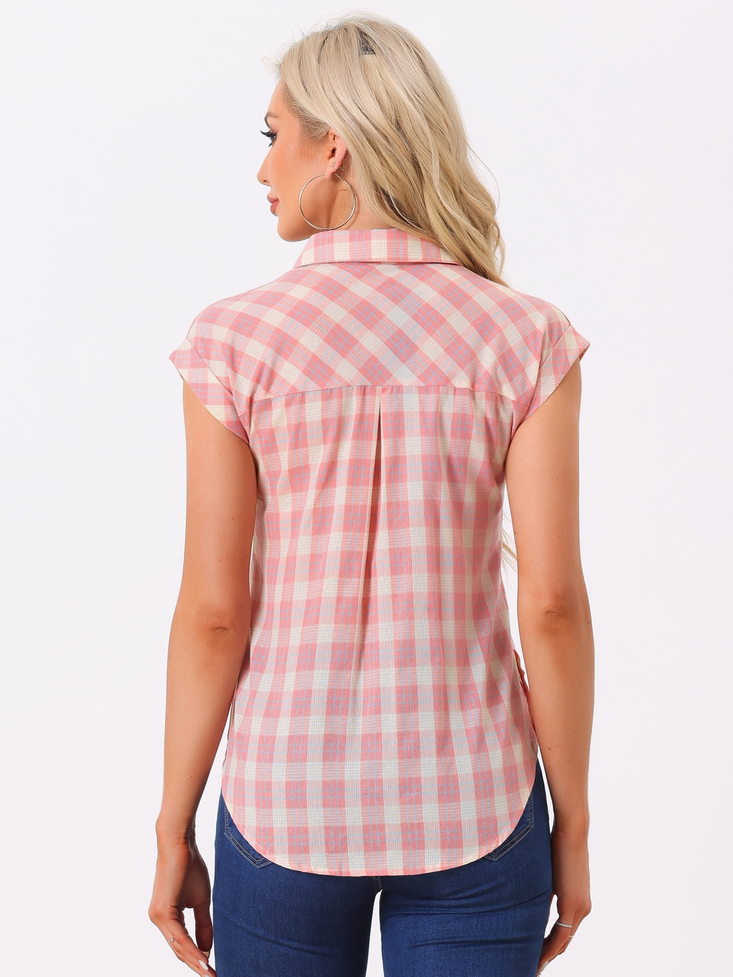 DARING DIVA Women's Summer Plaid Short Sleeves Button Down Shirts S Pink-Beige