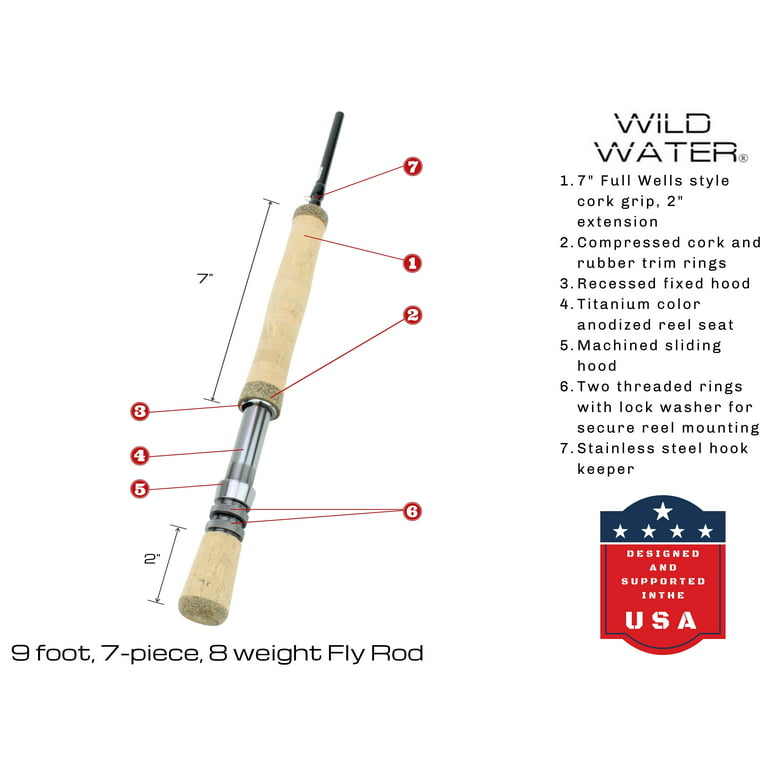 Wild Water Fly Fishing, 9 Foot, 8 Weight, 7 Piece Pack Rod and Reel, Deluxe  Combo Kit, Freshwater Flies