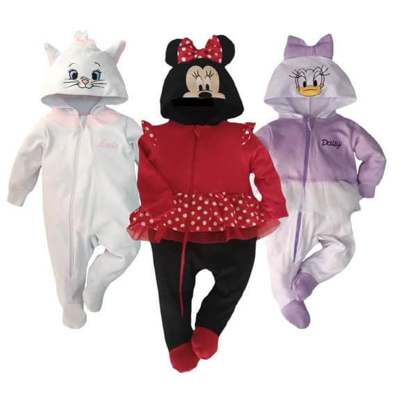 Kit 3 Mamelucoa d Algodón con Gorro Bordado Disney Marie, Minnie, Daisy Talla 3 meses Disney Pijamas