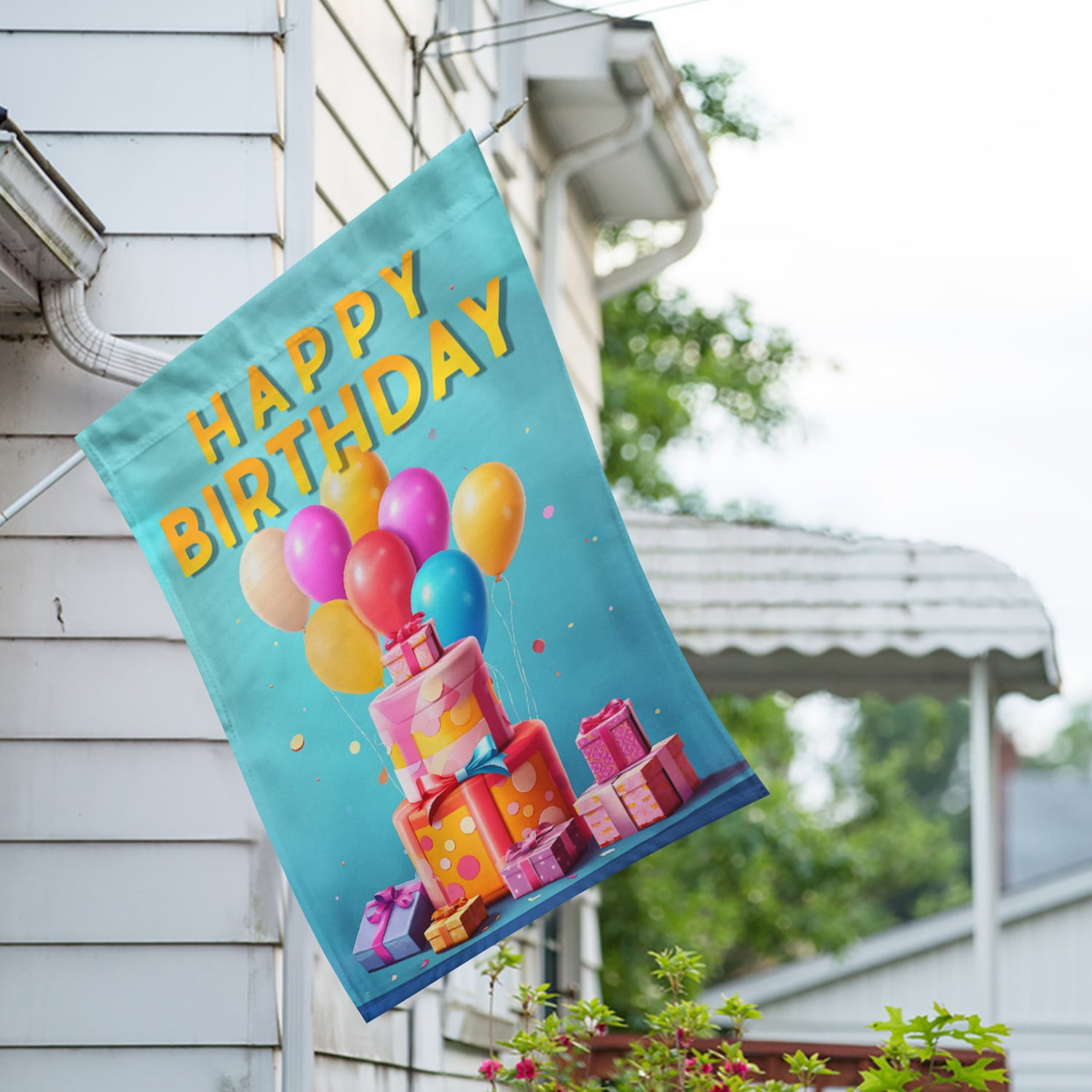 America Forever Happy Birthday House Flag 28 x 40 inch Double Sided Balloons Cake Presents Party Celebration Outdoor Yard Decorative Flag