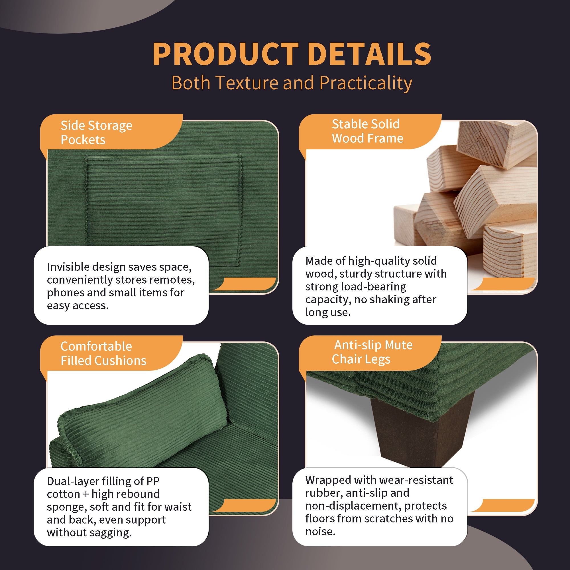 Jopat Convertible Sofa Bed,Corduroy Folding Sofa Bed,Loveseat Sleeper Sofa with Side Storage,Floor Couch for Apartment Living Room Bedroom,Dark Green