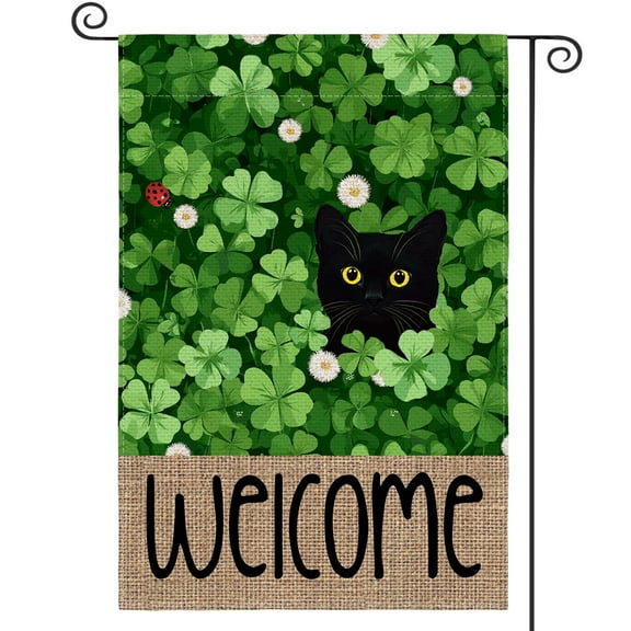 Sm:)e Black Cat Green Shamrock Saint Patricks Day Garden Flag 12x18 Inch