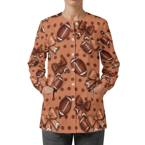 Binienty Fall Football Bow Scrub Jackets for Women with Pockets Breathable Soft Medical Jackets, for Hospital Clinic, Wrinkle Free Registered Nurses Veterinary Staff Nurse Uniform