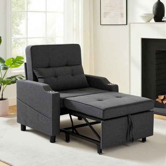 Sleeper Chair,Single Armchair Sofa with Pillow,Adjustable Backrest Modern Pull Out Couch Bed with USB Port Cup Holder Side Pocket,Dark Grey